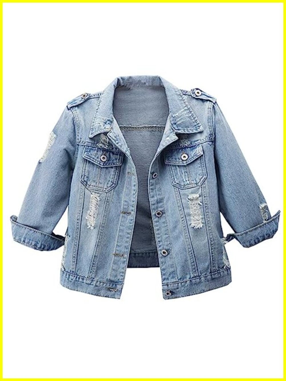 3/4 Sleeve Retro Denim Jacket Distressed Light Washed Cotton